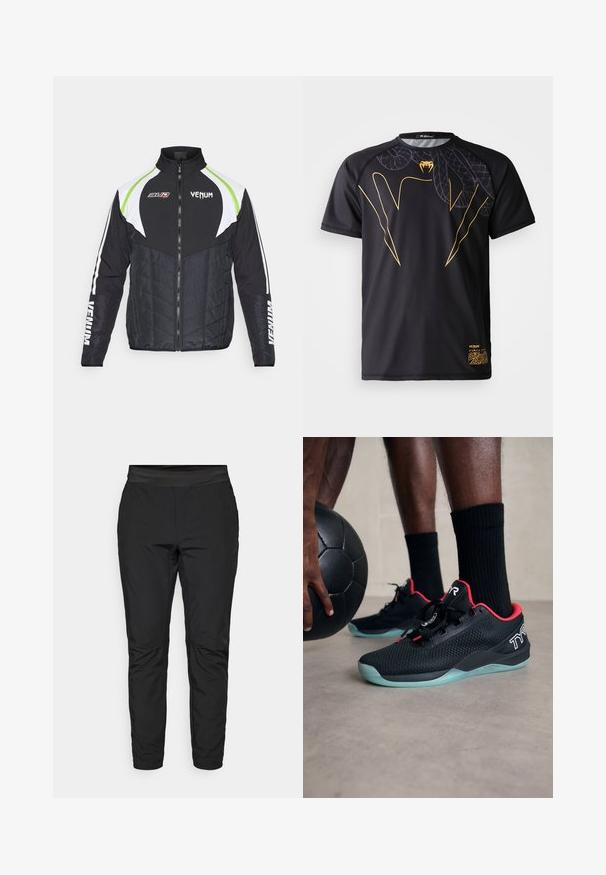 Black padded jacket with a high collar, featuring white and lime green accents, a front zipper, and VENUM branding on sleeves and chest.; Black short-sleeve athletic shirt with gold snake fang design and subtle snake scale pattern across the upper chest and right shoulder.; Black stretch pants with a fitted design, elastic waistband, and zippered pockets. Smooth texture with a slightly shiny finish.; Black athletic shoes with red accents, mesh upper, laced design, and a light blue translucent sole, alongside a black ball.
