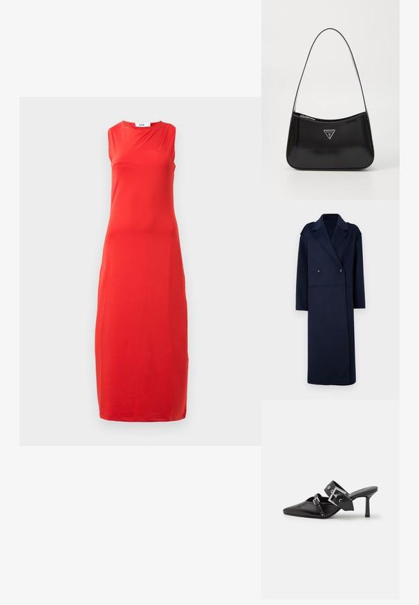 Tumesinise villase segu kattega kahe rinda nöörimisega mantel, lõigatud krae ja pikad varrukad. Omab kahte musta nööpide ja keskmise pikkusega disaini.; Ilmaõlgadega, põrandani ulatuv punane kleit kõrge ümarate kaelusega ja õrna drapeeringuga kaeluses.; Mustad mustad kõrged kontsad, terava toe ja siledast nahast. Omab laia pahkluu rihma ruudukujulise hõbedase klambri ja nurgakujuliste naeltega.; Must küllastatud nahast õlakott, millel on kumer kuju, hõbedase kolmnurkse logo ja tõmblukuga sulgemine. Sile tekstuur ja õhuke rihm.