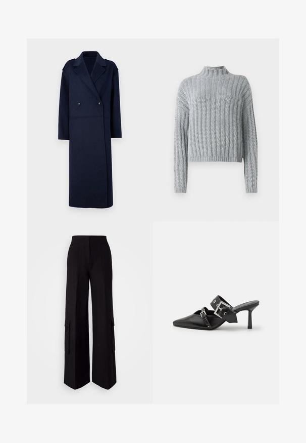 Námořnický kabát z vlněné směsi s dvojitým zapínáním, klopovým límcem a dlouhými rukávy. Obsahuje dvě černé knoflíky a má střední délku.; Světle šedý chunky pletený svetr s žebrovaným vzorem, s výstřihem u krku, dlouhými rukávy a mírně zkráceným střihem.; HUGO HIMANA - Kapsáče - black; Černé muly na vysokém podpatku s špičatou špičkou, vyrobené z hladké kůže. Mají široký pás kolem kotníku se čtvercovou stříbrnou sponou a cvočky.