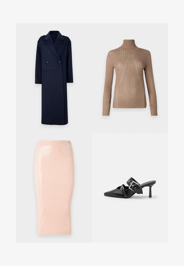 Marineblauwe wolmix jas met een dubbelgeknoopt voorpand, geknipte kraag en lange mouwen. Voorzien van twee zwarte knopen en een middellange pasvorm.; Beige coltrui met ribbelstructuur en lange mouwen, met een driehoekig breipatroon aan de voorkant voor extra detail.; Gehaakte midi-jurk in zachtroze met verticale ribbels en pailletten aan één kant, met een aansluitende pasvorm en een rekbare stof.; Zwarte hoge hakken mules met een puntige neus, gemaakt van soepel leer. Heeft een brede enkelriem met een vierkante zilveren gesp en studs.