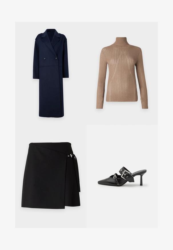 Marineblauwe wolmix jas met een dubbelgeknoopt voorpand, geknipte kraag en lange mouwen. Voorzien van twee zwarte knopen en een middellange pasvorm.; Beige coltrui met ribbelstructuur en lange mouwen, met een driehoekig breipatroon aan de voorkant voor extra detail.; Zwarte wikkelrok gemaakt van een gestructureerde stof met een zijgesp en lange strik. Heeft een rechte snit en strakke lijnen.; Zwarte hoge hakken mules met een puntige neus, gemaakt van soepel leer. Heeft een brede enkelriem met een vierkante zilveren gesp en studs.