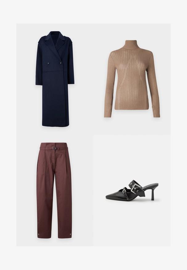 Suknja kaput od vune u mornarsko plavoj boji s dvostrukim prednjim dijelom, reverima i dugim rukavima. Sadrži dva crna gumba i srednje dugačak dizajn.; Bež džemper s visokim ovratnikom, rebraste teksture i dugim rukavima, s trokutastim uzorkom šavova na prednjoj strani za dodatnu detaljnost.; Bordo široke hlače od pamuka s remenom u struku, nabranim prednjim dijelom i dugmadima na gležnjevima. Glatka tekstura, minimalistički dizajn.; Crne visoke mule s oštrim vrhom, izrađene od glatke kože. Imaju široku narukvicu oko gležnja sa srebrnom kvadratnom kopčom i nitnama.