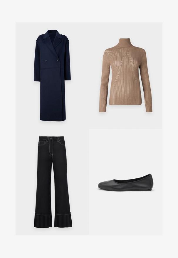 Suknja kaput od vune u mornarsko plavoj boji s dvostrukim prednjim dijelom, reverima i dugim rukavima. Sadrži dva crna gumba i srednje dugačak dizajn.; Bež džemper s visokim ovratnikom, rebraste teksture i dugim rukavima, s trokutastim uzorkom šavova na prednjoj strani za dodatnu detaljnost.; Crne zabavne hlače od trapera s kontrastnim bijelim šavovima i naglaskom od prugastog materijala na rubu. Imaju prednje džepove.; Crne kožne baletanke s zaobljenim vrhom, glatke teksture, minimalnim detaljima šavova i fleksibilnim dizajnom potplata.