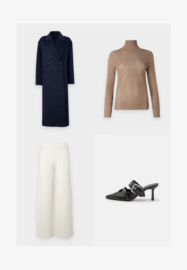 Marineblauwe wolmix jas met een dubbelgeknoopt voorpand, geknipte kraag en lange mouwen. Voorzien van twee zwarte knopen en een middellange pasvorm.; Beige coltrui met ribbelstructuur en lange mouwen, met een driehoekig breipatroon aan de voorkant voor extra detail.; Wijduitlopende broek in crème, met een gestructureerd, gewatteerd patroon, elastische tailleband en soepel stof met een subtiele glans.; Zwarte hoge hakken mules met een puntige neus, gemaakt van soepel leer. Heeft een brede enkelriem met een vierkante zilveren gesp en studs.
