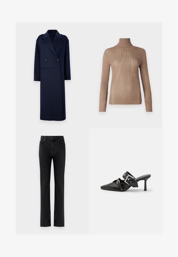 Marineblauwe wolmix jas met een dubbelgeknoopt voorpand, geknipte kraag en lange mouwen. Voorzien van twee zwarte knopen en een middellange pasvorm.; Beige coltrui met ribbelstructuur en lange mouwen, met een driehoekig breipatroon aan de voorkant voor extra detail.; Zwarte hooggetailleerde rechte jeans met voorkruiszakken, riemlussen, knoopsluiting en ritssluiting op een witte achtergrond.; Zwarte hoge hakken mules met een puntige neus, gemaakt van soepel leer. Heeft een brede enkelriem met een vierkante zilveren gesp en studs.