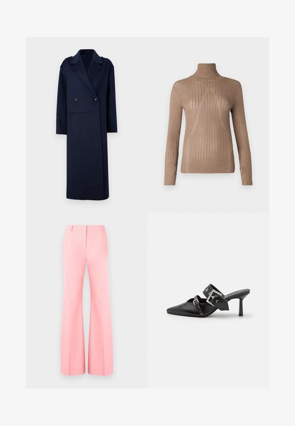 Marineblauwe wolmix jas met een dubbelgeknoopt voorpand, geknipte kraag en lange mouwen. Voorzien van twee zwarte knopen en een middellange pasvorm.; Beige coltrui met ribbelstructuur en lange mouwen, met een driehoekig breipatroon aan de voorkant voor extra detail.; Roze wijde broek met een op maat gemaakte uitstraling, met een vlakke voorkant en keurig gestreken plooien. Glad stof en hoge taille.; Zwarte hoge hakken mules met een puntige neus, gemaakt van soepel leer. Heeft een brede enkelriem met een vierkante zilveren gesp en studs.