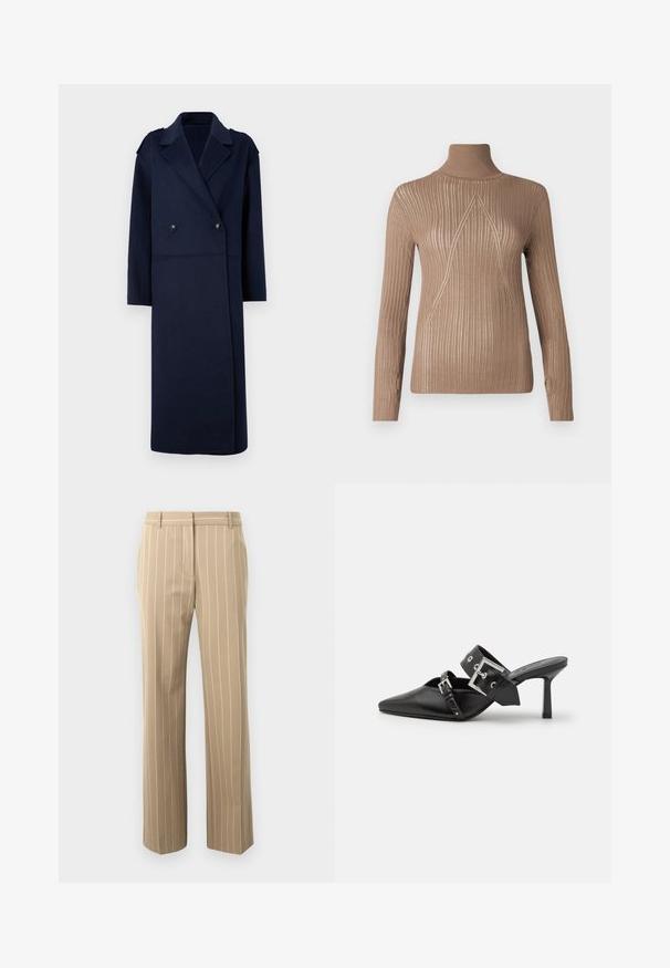Navy wool blend coat with a double-breasted front, notched collar, and long sleeves. Features two black buttons and a mid-length design.; Beige turtleneck sweater with ribbed texture and long sleeves, featuring a triangular stitch pattern along the front for added detail.; Beige trousers with a tailored fit, featuring vertical white pinstripes, smooth texture, belt loops, and two front pockets.; Black high-heeled mules with a pointed toe, made of smooth leather. Features a wide ankle strap with a square silver buckle and studs.
