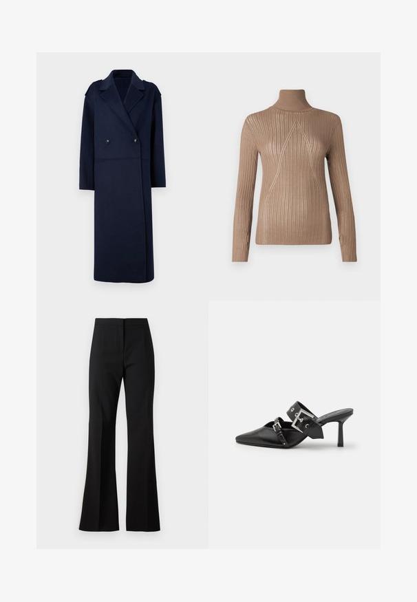 Marineblauwe wolmix jas met een dubbelgeknoopt voorpand, geknipte kraag en lange mouwen. Voorzien van twee zwarte knopen en een middellange pasvorm.; Beige coltrui met ribbelstructuur en lange mouwen, met een driehoekig breipatroon aan de voorkant voor extra detail.; Zwarte flared broeken gemaakt van gladde stof, met een platte voorkant en strakke lijnen. De taille is ontworpen voor een getailleerde silhouet zonder versieringen.; Zwarte hoge hakken mules met een puntige neus, gemaakt van soepel leer. Heeft een brede enkelriem met een vierkante zilveren gesp en studs.