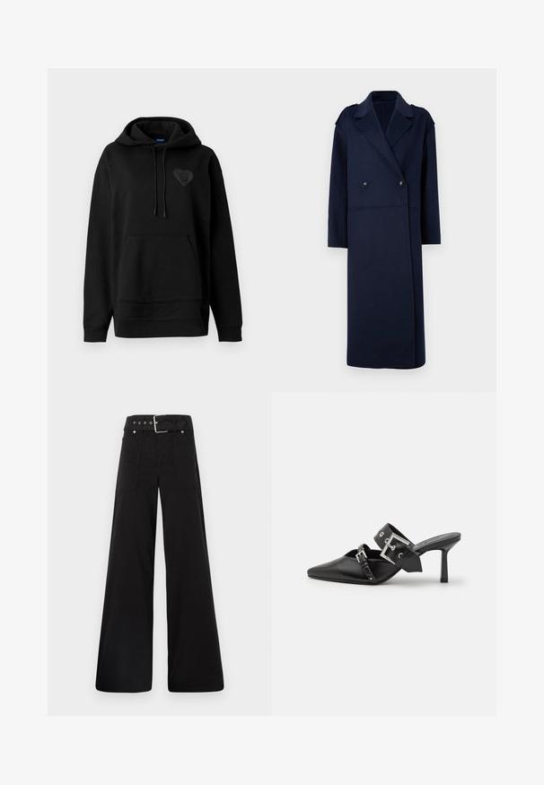 Námořnický kabát z vlněné směsi s dvojitým zapínáním, klopovým límcem a dlouhými rukávy. Obsahuje dvě černé knoflíky a má střední délku.; Černá mikina s kapucí vyrobená z měkké tkaniny, s klokaní kapsou, šňůrkami a lesklým srdcovým logem na hrudi. Jednoduchý, uvolněný střih.; Černé široké kalhoty vyrobené z bavlny, s vysokým pasem, velkými bočními kapsami a opaskem s kovovými akcenty v barvě stříbra.; Černé muly na vysokém podpatku s špičatou špičkou, vyrobené z hladké kůže. Mají široký pás kolem kotníku se čtvercovou stříbrnou sponou a cvočky.