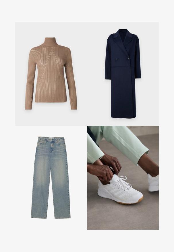 Marineblå uldblandingsfrakke med dobbeltradet front, skrå krave og lange ærmer. Har to sorte knapper og en mellem-længde design.; Beige turtleneck sweater med ribbet tekstur og lange ærmer, der har et trekantet strikkemønster foran for ekstra detaljer.; Lyseblå højtaljede lige ben jeans i denim med forlommer, bæltestropper og synlig knap- og lynlåslukning.; Hvid sportssko med en overdeles i mesh, gummisål og design med tre striber. Snørebåndene justeres; let grå og mintgrønne klæder synlige.