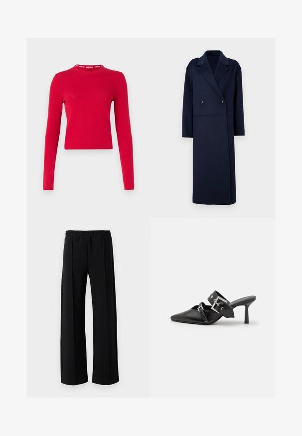 Kék gyapjú keverék kabát dupla soros elülső résszel, kiemelt gallérral és hosszú ujjal. Két fekete gombbal és közepes hosszúságú kialakítással rendelkezik.; Piros, hosszú ujjú, pamut felső, testhez simuló fazonnal. Kerek nyakkivágással és bordázott gallérral rendelkezik, amelyen fehér színű 'HUGO' felirat található.; Fekete egyenes lábú nadrág rugalmas derékkal és finom textúrával az anyagban, fehér háttéren.; Fekete magassarkú mules, hegyes orral, sima bőrből készült. Széles bokapántja van, négyzet alakú ezüst csattal és szegecsekkel.
