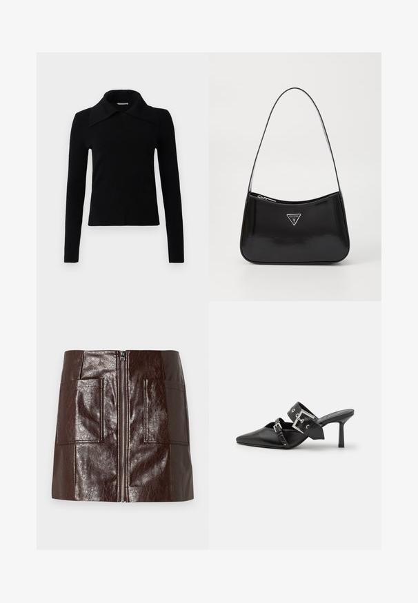 Kék gyapjú keverék kabát dupla soros elülső résszel, kiemelt gallérral és hosszú ujjal. Két fekete gombbal és közepes hosszúságú kialakítással rendelkezik.; Fekete, hosszú ujjú felső, puha anyagból készült, nagy, hegyes gallérral és testhez simuló fazonnal. Simaság jellemzi, minimális részletezéssel.; Barna műbőr mini szoknya, elülső cipzárral, két nagy elülső zsebbel és sima, fényes felülettel.; Fekete magassarkú mules, hegyes orral, sima bőrből készült. Széles bokapántja van, négyzet alakú ezüst csattal és szegecsekkel.; Fekete lakkbőr válltáska ívelt formával, ezüst háromszög logóval és cipzáros záródással. Simaság jellemzi és vékony pántja van.