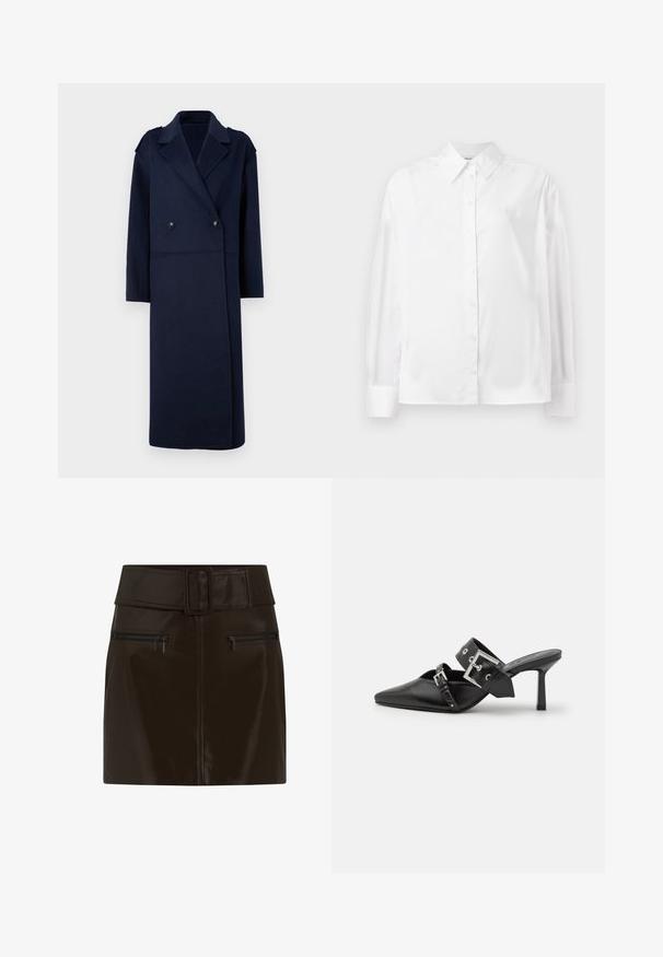 Námořnický kabát z vlněné směsi s dvojitým zapínáním, klopovým límcem a dlouhými rukávy. Obsahuje dvě černé knoflíky a má střední délku.; Bílá košile s dlouhým rukávem z hladké bavlněné směsi. Obsahuje klasický límec, přední zapínání na knoflíky a zaoblené manžety.; Hnědá mini sukně z umělé kůže s širokým pasem, čtvercovou sponou a dvěma bočními kapsami na zip. Hladký, lesklý povrch.; Černé muly na vysokém podpatku s špičatou špičkou, vyrobené z hladké kůže. Mají široký pás kolem kotníku se čtvercovou stříbrnou sponou a cvočky.