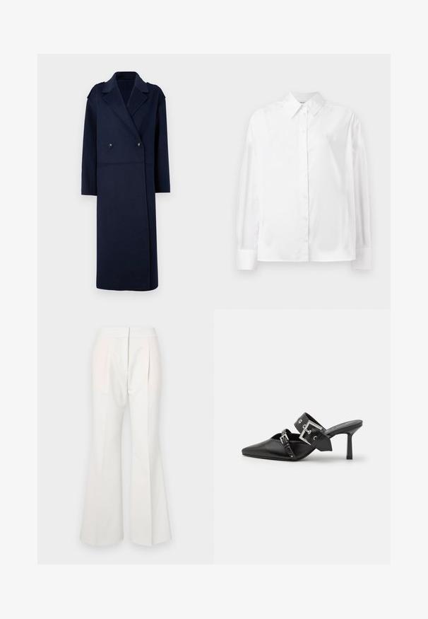 Tamsiai mėlynas vilnos mišinys paltas su dvigubai užsegamu priekiu, iškirptėmis atlapais ir ilgomis rankovėmis. Yra du juodi mygtukai ir vidutinio ilgio dizainas.; Baltas ilgas rankovėmis marškiniai su mygtukais, pagaminti iš lygaus medvilnės mišinio. Yra klasikinė apykaklė, priekinis mygtukų uždarymas ir apvalios rankogaliai.; Baltos platėjančios kelnės su lygiu paviršiumi, priekyje turinčios klosčius ir subtiliai kontrastuojančias medžiagos juostas šviesesnėje spalvoje.; Juodos aukštakulnės mule bateliai su smailiu pirštu, pagaminti iš lygaus odos. Turi platų kulkšnies dirželį su kvadratiniu sidabro sagtimi ir skulptūromis.