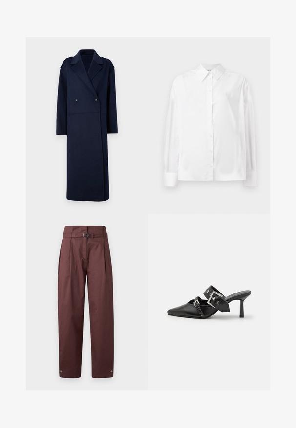 Tumši zils vilnas maisījuma mētelis ar divkāršu priekšpusi, atgriezta apkakle un garām piedurknēm. Ietver divus melnus pogas un vidēja garuma dizainu.; Balta, garām piedurknēm, ar pogām aizpogājama krekla no gludas kokvilnas šķiedras. Tam ir klasiskā apkakle, priekšējā aizpogājamā daļa un noapaļotas aproces.; Tumši sarkani plaša kāju bikses, izgatavotas no kokvilnas, ar jostu viduklī, ar krokām priekšā un pogām potīšu daļā. Gluda tekstūra, minimāls dizains.; Melnas augstpapēžu mūles ar norādītu purngalu, izgatavotas no gludas ādas. Iekļauj plašu potītes siksnu ar kvadrātveida sudraba sprādzi un kniedēm.