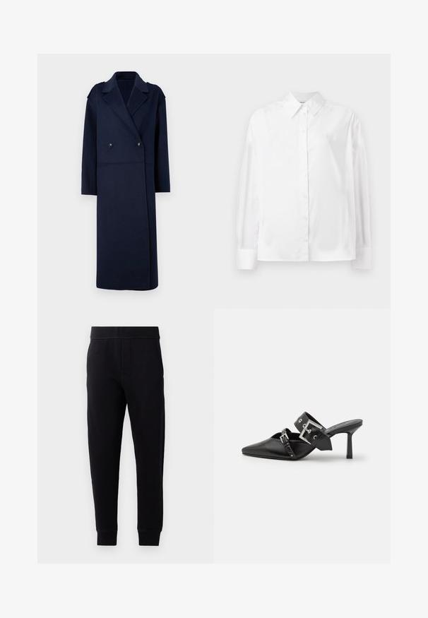 Marineblauer Wollmischungsmantel mit doppelter Knopfleiste, Reverskragen und langen Ärmeln. Ausgestattet mit zwei schwarzen Knöpfen und einem mittellangen Design.; Weißes Langarm-Hemd mit Knopfverschluss aus einer glatten Baumwollmischung. Verfügt über einen klassischen Kragen, eine Frontknopfverschluss und abgerundete Manschetten.; Schwarze Jogginghosen aus weichem Material, mit elastischem Bund, schmaler Passform, Seitentaschen und schmal zulaufenden Säumen an den Knöcheln.; Schwarze High-Heel-Mules mit spitzem Zeh aus glattem Leder. Mit einem breiten Knöchelriemen, der eine quadratische silberne Schnalle und Nieten aufweist.