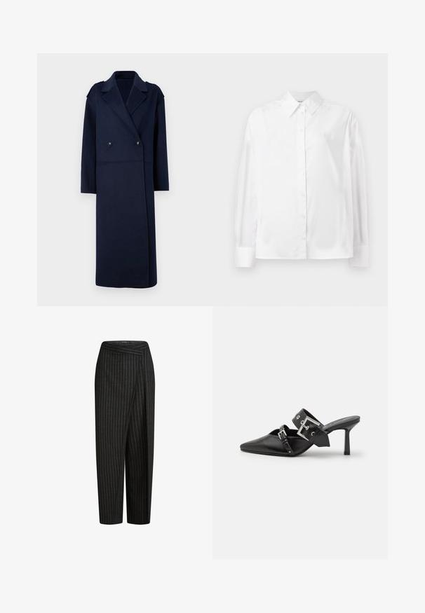 Námořnický kabát z vlněné směsi s dvojitým zapínáním, klopovým límcem a dlouhými rukávy. Obsahuje dvě černé knoflíky a má střední délku.; Bílá košile s dlouhým rukávem z hladké bavlněné směsi. Obsahuje klasický límec, přední zapínání na knoflíky a zaoblené manžety.; Černé kalhoty s proužky a širokým střihem, které mají zkrácenou délku a skládací pas pro upravený vzhled. Měkká textilie.; Černé muly na vysokém podpatku s špičatou špičkou, vyrobené z hladké kůže. Mají široký pás kolem kotníku se čtvercovou stříbrnou sponou a cvočky.