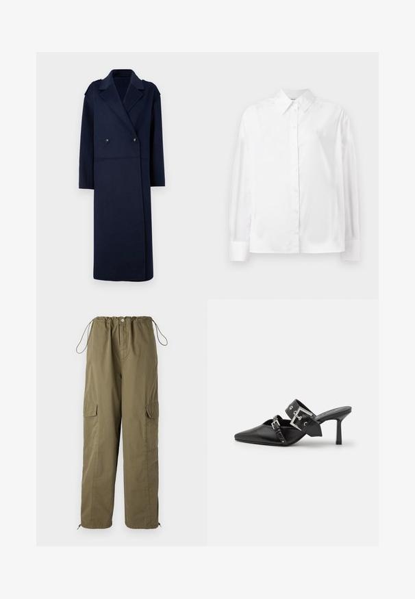 Námořnický kabát z vlněné směsi s dvojitým zapínáním, klopovým límcem a dlouhými rukávy. Obsahuje dvě černé knoflíky a má střední délku.; Bílá košile s dlouhým rukávem z hladké bavlněné směsi. Obsahuje klasický límec, přední zapínání na knoflíky a zaoblené manžety.; Olivově zelené cargo kalhoty s elastickým pasem, stahovací šňůrkou a kapsami na obou stranách; vyrobené z lehkého, strukturovaného materiálu.; Černé muly na vysokém podpatku s špičatou špičkou, vyrobené z hladké kůže. Mají široký pás kolem kotníku se čtvercovou stříbrnou sponou a cvočky.