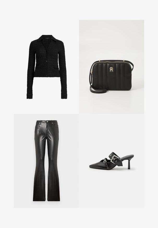 Cappotto in misto lana blu navy con davanti doppiopetto, colletto a rever e maniche lunghe. Presenta due bottoni neri e un design di lunghezza media.; Camicia nera a maniche lunghe con bottoni, caratterizzata da un motivo a onde testurizzato, con colletto e design aderente. Realizzata in un materiale a coste.; Pantaloni flare neri in pelle con una texture liscia, cinque tasche, chiusura frontale con bottone e una silhouette attillata sulle cosce.; Mule nere con tacco alto e punta affilata, realizzate in pelle liscia. Presentano una larga cinghia alla caviglia con una fibbia quadrata argentata e borchie.; Borsa a tracolla nera trapuntata realizzata in materiale sintetico con hardware in tonalità oro, dotata di chiusura con zip e dettaglio del logo sul davanti.