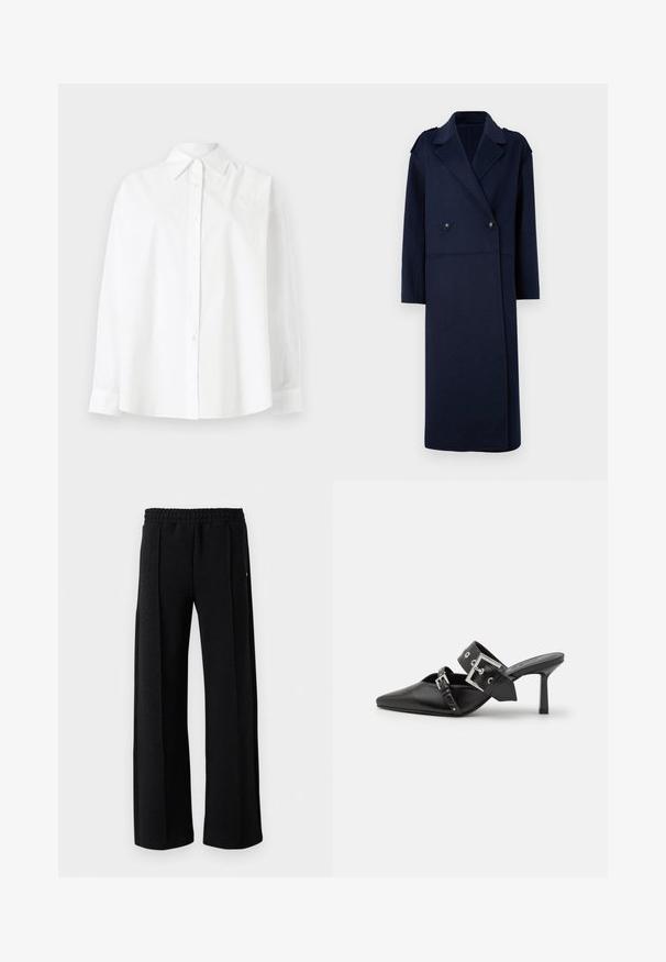 Mornarsko plašč iz volnene mešanice z dvojno zapenjanjem, z nazobčanim ovratnikom in dolgimi rokavi. Ima dve črni gumbi in srednje dolžino.; Bela srajca z gumbki iz bombaža, s klasičnim ovratnikom, dolgimi rokavi in subtilnim vezenjem srčka na zgornji levi strani.; Črne hlače ravnega kroja z elastičnim pasom in diskretnim teksturiranim vzorcem po tkanini na belem ozadju.; Črne visoke mule s koničastim prstom, izdelane iz gladkega usnja. Imajo širok gleženjski trak s kvadratno srebrno zaponko in okraski.