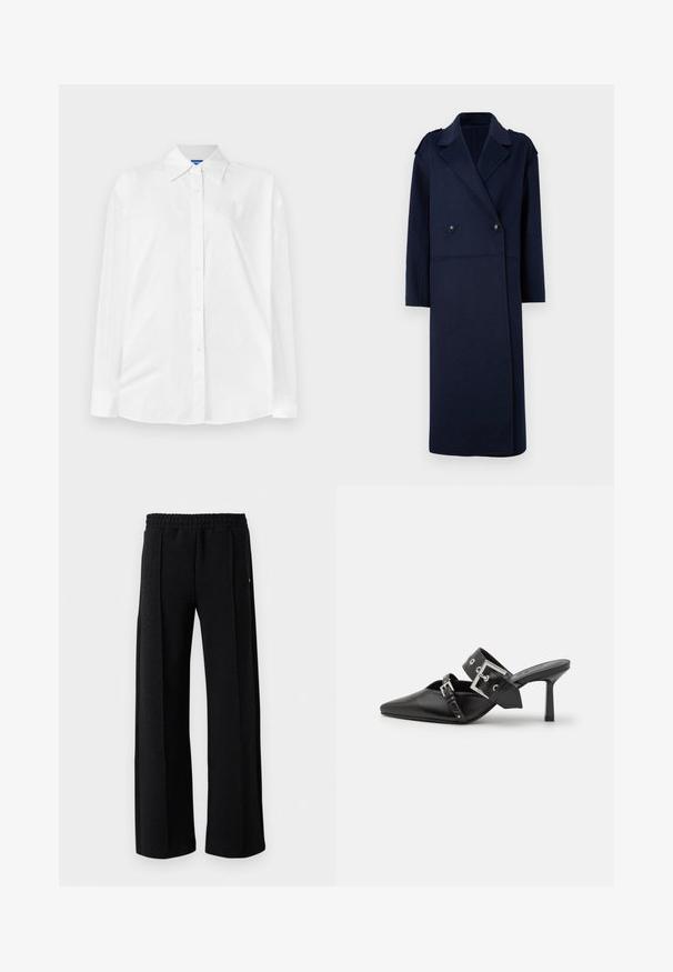 Marineblauwe wolmix jas met een dubbelgeknoopt voorpand, geknipte kraag en lange mouwen. Voorzien van twee zwarte knopen en een middellange pasvorm.; Witte blouse met een klassieke kraag, lange mouwen en een subtiele tonale print. Soepele katoenstof met een comfortabele pasvorm.; Zwarte rechte broek met elastische tailleband en een subtiel gemarmerd patroon in de stof, op een witte achtergrond.; Zwarte hoge hakken mules met een puntige neus, gemaakt van soepel leer. Heeft een brede enkelriem met een vierkante zilveren gesp en studs.
