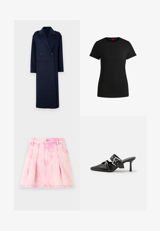 Marineblauer Wollmischungsmantel mit doppelter Knopfleiste, Reverskragen und langen Ärmeln. Ausgestattet mit zwei schwarzen Knöpfen und einem mittellangen Design.; Schwarzes Baumwoll-T-Shirt mit kurzen, aufgerollten Ärmeln, rundem Halsausschnitt und rotem Etikett. Glatte Textur, taillierte Form mit minimalen Details.; Rosa Denimrock mit Falten, Knopf- und Reißverschlussverschluss, fünf Taschen und dekorativen Nähten. Abgenutzte Textur in einem hellen Farbton.; Schwarze High-Heel-Mules mit spitzem Zeh aus glattem Leder. Mit einem breiten Knöchelriemen, der eine quadratische silberne Schnalle und Nieten aufweist.