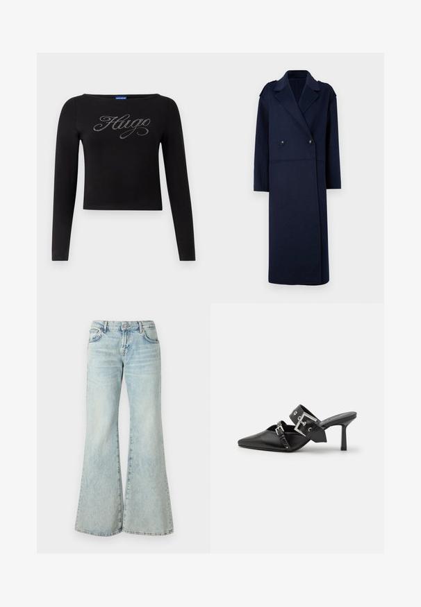 Marineblauer Wollmischungsmantel mit doppelter Knopfleiste, Reverskragen und langen Ärmeln. Ausgestattet mit zwei schwarzen Knöpfen und einem mittellangen Design.; Schwarze Langarmbluse mit einem cropped Design und "Hugo"-Logo aus silbernen Strasssteinen auf der Vorderseite. Hergestellt aus dehnbarem Material.; Hellblaue Schlagjeans aus Denim, mit hoher Taille, Taschen und ausgefransten Säumen. Der Stoff hat eine verblasste Waschung und eine subtile Textur.; Schwarze High-Heel-Mules mit spitzem Zeh aus glattem Leder. Mit einem breiten Knöchelriemen, der eine quadratische silberne Schnalle und Nieten aufweist.