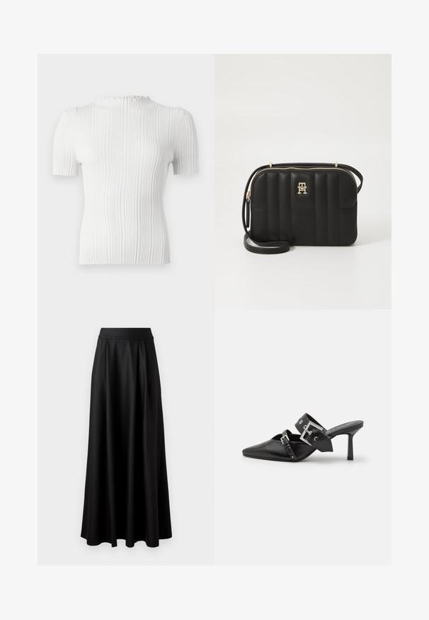 Marineblauer Wollmischungsmantel mit doppelter Knopfleiste, Reverskragen und langen Ärmeln. Ausgestattet mit zwei schwarzen Knöpfen und einem mittellangen Design.; Weißes, geripptes kurzärmliges Oberteil mit hohem Kragen und strukturiertem Finish. Verfügt über dezente vertikale Linien und eine figurbetonte Silhouette.; Schwarzer, bodenlanger Rock mit glatter Textur, weitem Bund und plissiertem Design, ohne sichtbare Muster oder Verzierungen.; Schwarze High-Heel-Mules mit spitzem Zeh aus glattem Leder. Mit einem breiten Knöchelriemen, der eine quadratische silberne Schnalle und Nieten aufweist.; Schwarze gesteppte Umhängetasche aus synthetischem Material mit goldfarbener Hardware, ausgestattet mit einem Reißverschluss und einem Logo-Detail auf der Vorderseite.