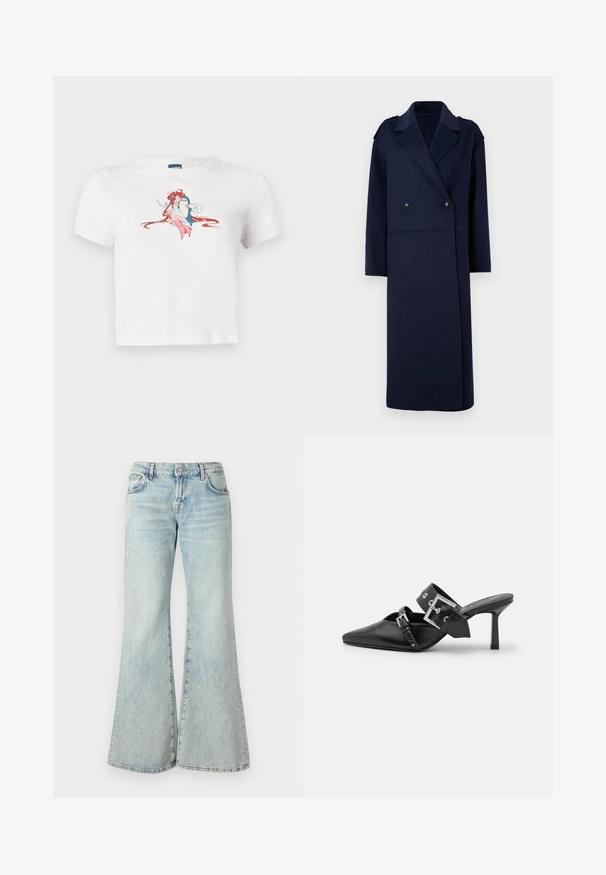 Marineblå uldblandingsfrakke med dobbeltradet front, skrå krave og lange ærmer. Har to sorte knapper og en mellem-længde design.; Hvid cropped t-shirt lavet af bomuld, med et grafisk tryk af en karakter med rødt hår og lyserøde detaljer, rund halsudskæring, korte ærmer.; Lyseblå flared jeans lavet af denim, med høj talje, lommer og frynset kant. Stoffet har et slidt look og en subtil struktur.; Sorte højhælede mules med spids tå, lavet af glat læder. Har et bredt ankelrem med en firkantet sølv spænde og nitter.