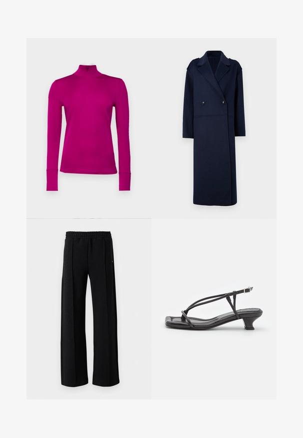 Navy wool blend coat with a double-breasted front, notched collar, and long sleeves. Features two black buttons and a mid-length design.; Marc Cain Long sleeved top - alpine rose; Black straight-leg pants with elastic waistband and subtle textured pattern throughout the fabric on a white background.; Black leather sandal with thin straps, low block heel, and square toe. Features a buckle closure and smooth texture.