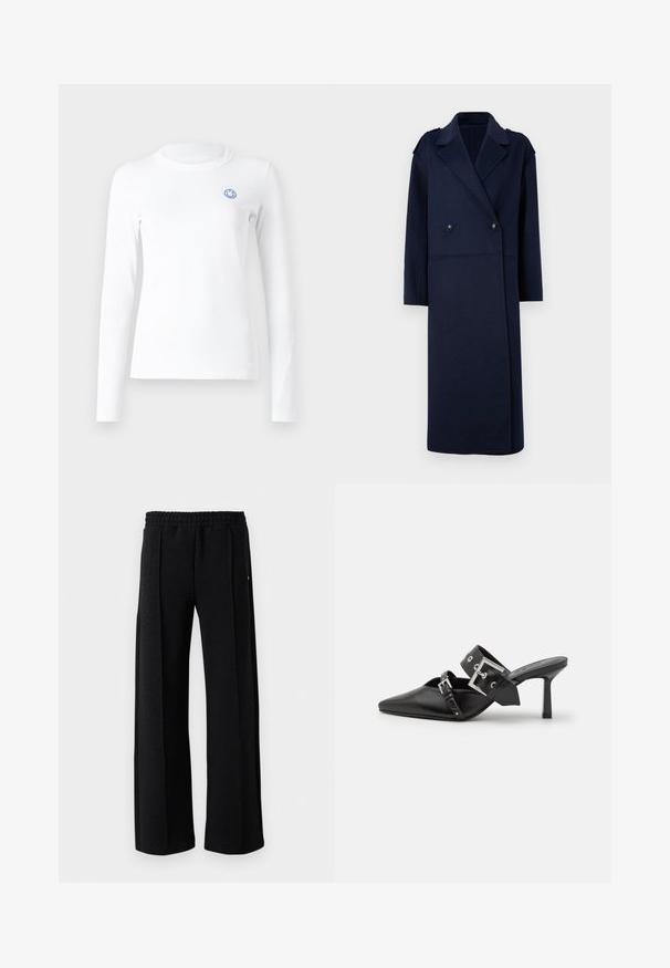 Námornícky kabát z vlnenej zmesi s dvojradovým zapínaním, klopovým golierom a dlhými rukávmi. Má dva čierne gombíky a strednú dĺžku.; Biela košeľa s dlhým rukávom vyrobená z mäkkej tkaniny, so zaobleným výstrihom a malou modrou usmievavou tvárou vyšitou na ľavej hrudi.; Čierne nohavice rovného strihu s elastickým pásom a jemným textúrovaným vzorom po celej látke na bielom pozadí.; Čierne vysoké podpätky mule so špicatou špičkou, vyrobené z hladkej kože. Obsahujú široký členkový remienok so štvrcovým strieborným sponom a cvokmi.