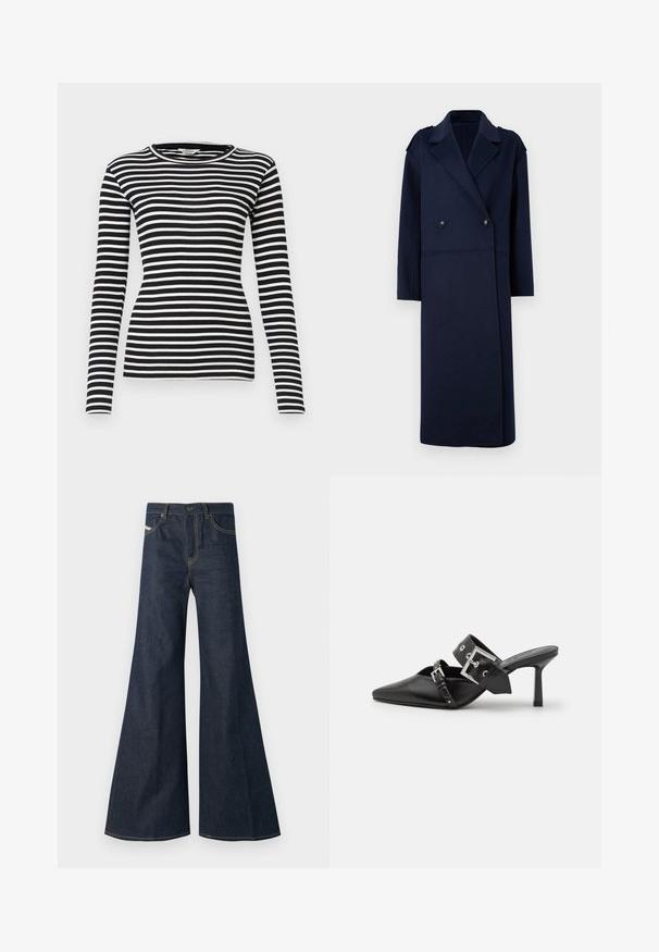 Námornícky kabát z vlnenej zmesi s dvojradovým zapínaním, klopovým golierom a dlhými rukávmi. Má dva čierne gombíky a strednú dĺžku.; Čierno-bielo pruhovaná košeľa s dlhými rukávmi, okrúhlym výstrihom a rebrovanou štruktúrou; priliehavý strih po celom tele a rukávoch.; Tmavomodré zvonové džínsy vyrobené z denimu, s vysokým pásom, zlatými stehmi a dvoma bočnými vreckami so zapínaním na gombík.; Čierne vysoké podpätky mule so špicatou špičkou, vyrobené z hladkej kože. Obsahujú široký členkový remienok so štvrcovým strieborným sponom a cvokmi.