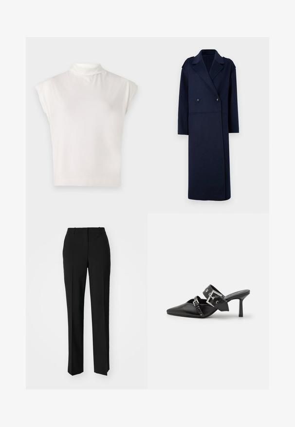 Abrigo de mezcla de lana azul marino con frente de doble botonadura, cuello con muesca y mangas largas. Presenta dos botones negros y un diseño de longitud media.; Top blanco de cuello alto sin mangas, hecho de una tela suave, que presenta un diseño estructurado con una textura lisa y un sutil detalle de dobladillo acanalado.; Pantalones negros ajustados con un diseño de pierna recta, que presentan una textura suave y pliegues nítidos en el frente. Sin herrajes visibles.; Mules de tacón alto negros con puntera afilada, elaborados en cuero suave. Cuentan con una amplia correa para el tobillo con una hebilla cuadrada de plata y tachuelas.