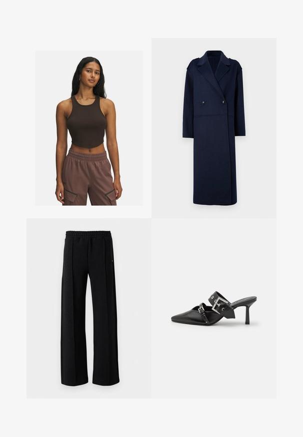 Mornarsko plašč iz volnene mešanice z dvojno zapenjanjem, z nazobčanim ovratnikom in dolgimi rokavi. Ima dve črni gumbi in srednje dolžino.; Rjava rebrasta kratka majica s okroglim izrezom in minimalnimi šivi, v kombinaciji z svetlo rjavimi hlačami, ki imajo stranske žepe in elastičen pas.; Črne hlače ravnega kroja z elastičnim pasom in diskretnim teksturiranim vzorcem po tkanini na belem ozadju.; Črne visoke mule s koničastim prstom, izdelane iz gladkega usnja. Imajo širok gleženjski trak s kvadratno srebrno zaponko in okraski.