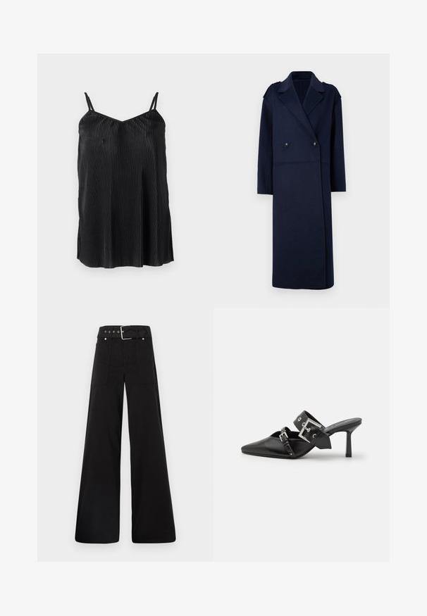 Kék gyapjú keverék kabát dupla soros elülső résszel, kiemelt gallérral és hosszú ujjal. Két fekete gombbal és közepes hosszúságú kialakítással rendelkezik.; Fekete ujjatlan top vékony állítható pántokkal, függőleges redőzéssel és sima textúrával, egyenes szegéllyel és laza szabással tervezve.; Fekete, bő szárú nadrág, pamutból készült, magas derékkal, nagy oldalsó zsebekkel és ezüst színű hardverelemekkel ellátott övvel.; Fekete magassarkú mules, hegyes orral, sima bőrből készült. Széles bokapántja van, négyzet alakú ezüst csattal és szegecsekkel.