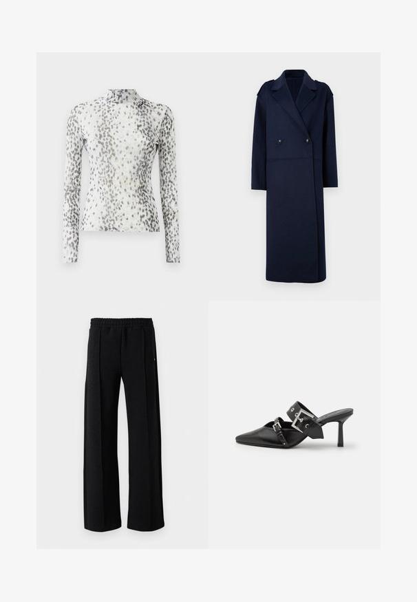 Tumesinise villase segu kattega kahe rinda nöörimisega mantel, lõigatud krae ja pikad varrukad. Omab kahte musta nööpide ja keskmise pikkusega disaini.; Pikend varrukatega särk kõrge kaelusega, valgest kangast, millel on halli ja musta laigulise mustriga kaunistus.; Mustad sirged püksid elastse vöökoha ja peene tekstuuriga mustril kogu kanga ulatuses valgel taustal.; Mustad mustad kõrged kontsad, terava toe ja siledast nahast. Omab laia pahkluu rihma ruudukujulise hõbedase klambri ja nurgakujuliste naeltega.