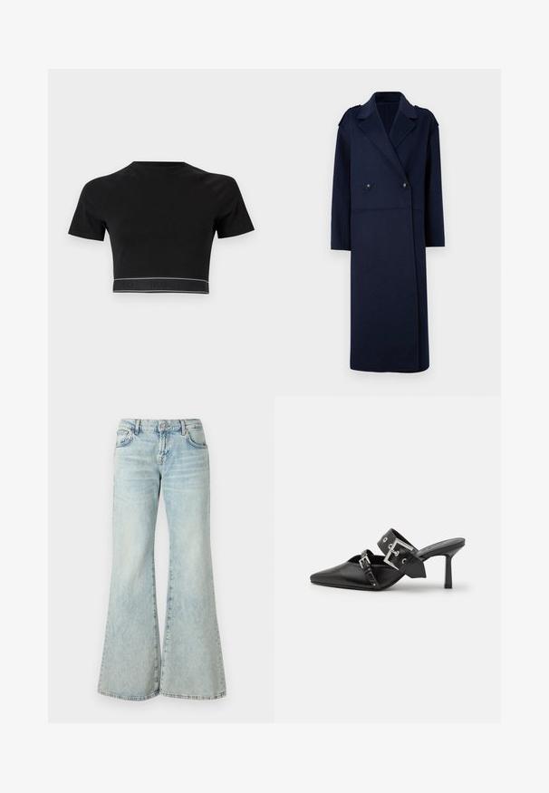 Tumši zils vilnas maisījuma mētelis ar divkāršu priekšpusi, atgriezta apkakle un garām piedurknēm. Ietver divus melnus pogas un vidēja garuma dizainu.; Melnā īsā stilā T-kreklā ar īsām piedurknēm, apaļu kakla izgriezumu un kontrastējošu logo joslu apakšā, kurā redzams "HUGO" melnā krāsā tumšā fonā.; Gai zila platā kāju džinsu bikses, izgatavotas no denima, ar augstu jostasvietu, kabatām un saplosītiem malu galiem. Audumam ir izteikta izbalējusi krāsa un smalks raksts.; Melnas augstpapēžu mūles ar norādītu purngalu, izgatavotas no gludas ādas. Iekļauj plašu potītes siksnu ar kvadrātveida sudraba sprādzi un kniedēm.