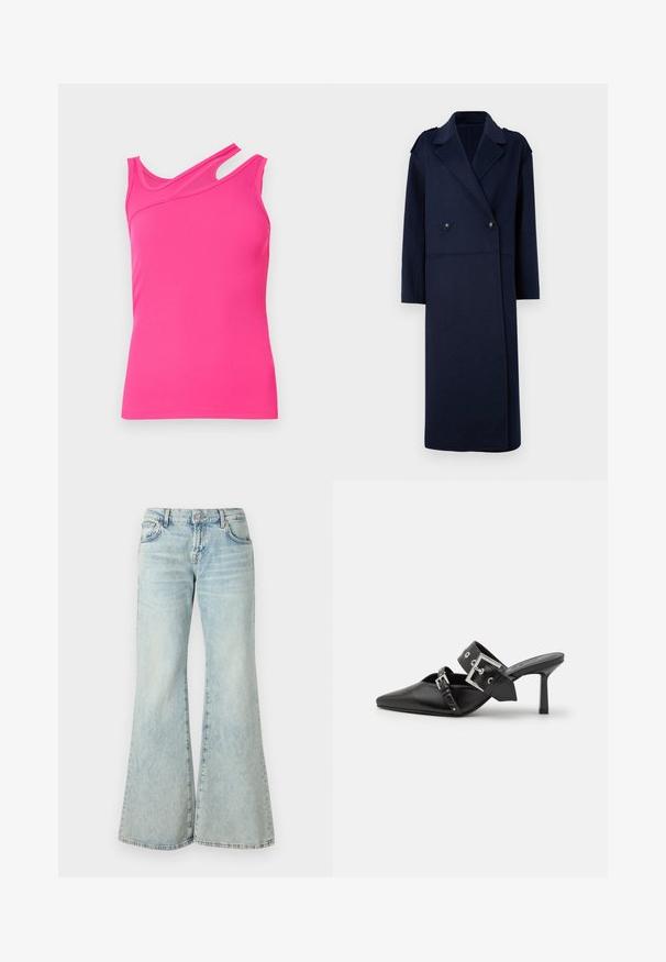 Abrigo de mezcla de lana azul marino con frente de doble botonadura, cuello con muesca y mangas largas. Presenta dos botones negros y un diseño de longitud media.; Camiseta de tirantes rosa con cuello asimétrico y corte en el hombro. La tela tiene una textura suave y un diseño ajustado.; Jeans acampanados de un azul claro, hechos de denim, con una cintura alta, bolsillos y dobladillos deshilachados. La tela presenta un lavado desvanecido y una textura sutil.; Mules de tacón alto negros con puntera afilada, elaborados en cuero suave. Cuentan con una amplia correa para el tobillo con una hebilla cuadrada de plata y tachuelas.