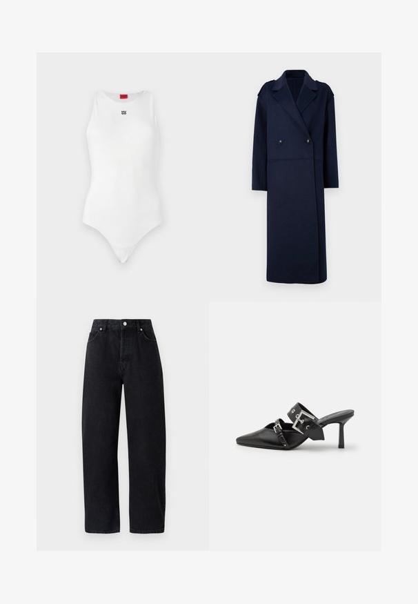 Navy wool blend coat with a double-breasted front, notched collar, and long sleeves. Features two black buttons and a mid-length design.; White bodysuit with sleeveless design, round neckline, and minimal black "HUGO" logo on the front. Smooth texture and fitted shape.; High-waisted, straight-leg black denim jeans with five pockets, metal rivets, and tonal stitching. Smooth texture, minimalistic design.; Black high-heeled mules with a pointed toe, made of smooth leather. Features a wide ankle strap with a square silver buckle and studs.