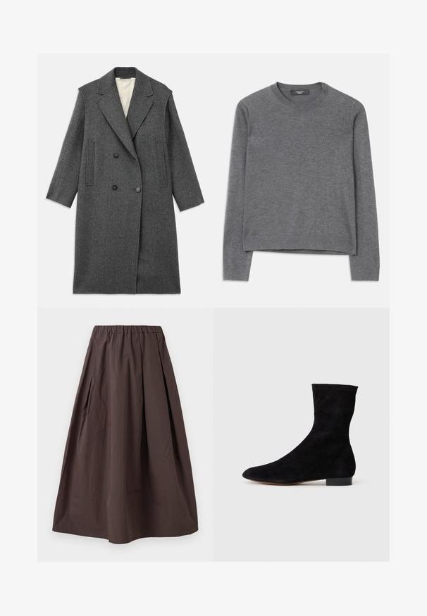 Pilkas vilnonis paltas su dvigubu sagstymu, dideliais įpjovimais ant apykaklės ir dviem vertikaliomis kišenėmis. Lygi vidinė pamušalo dalis, pritaikyta forma.; Pilkas ilgomis rankovėmis megztinis, pagamintas iš minkštos trikotažo medžiagos. Yra apvaliu iškirpimu, megausiai ir apykakle, laisvas kirpimas ir be siūlių konstrukcija.; Ruda midi ilgio sijonas su elastine juosmena ir subtiliomis klostėmis ant balto fono.; Juoda zomšo kulkšnė su prigludusia ašimi, smailiu pirštu ir žemu bloku. Lygus paviršius ir minimalistiškas dizainas, tinkantis įvairiems stiliams.