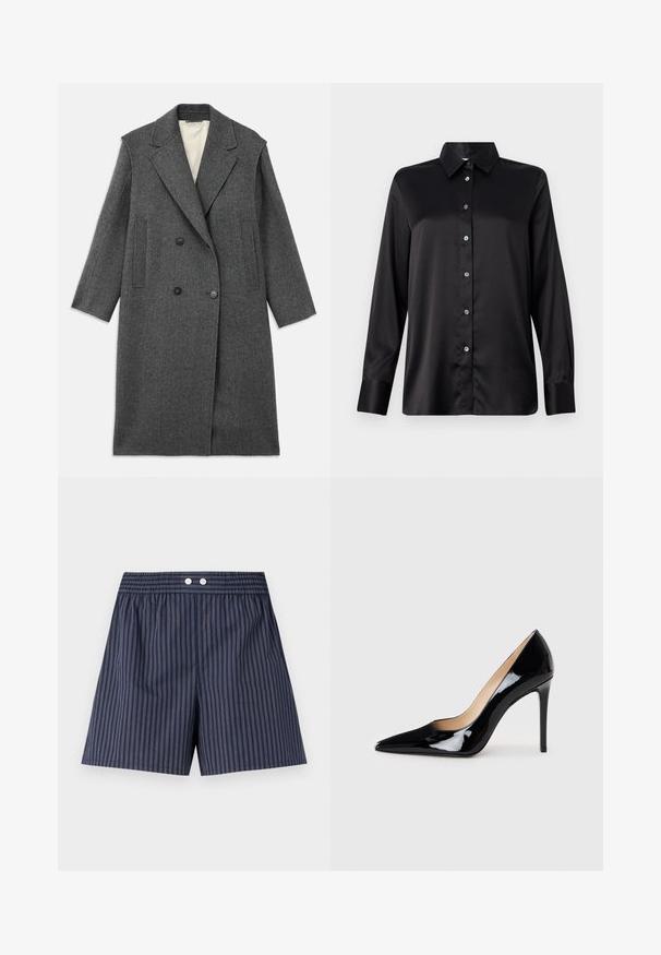 Gray wool coat with a double-breasted front, large notched lapels, and two vertical pockets. Smooth inner lining, tailored shape.; Black satin long-sleeve shirt with a collared neckline, front button closure, and single-button cuffs. Smooth texture with a slightly relaxed fit.; Navy blue striped shorts with an elastic waistband, featuring two white buttons at the front, made from lightweight fabric.; Black patent leather high-heeled pump with a pointed toe design and a sleek silhouette. Features a smooth, shiny finish and a slender stiletto heel.