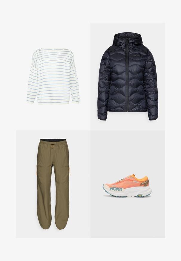 Doudoune marine avec capuche, présentant des motifs matelassés ondulés, une fermeture éclair frontale et un logo sur la poitrine. Légère, texture lisse.; Haut à manches longues blanc avec des rayures horizontales bleues. Il présente un large décolleté et une coupe ample, fabriqué à partir d'un tissu doux au toucher lisse.; Pantalons cargo légers de couleur olive avec une taille élastique et un cordon de serrage orange ; dispose de poches latérales zippées et de accents cousus.; Baskets de course orange et rose avec tige en maille, semelle intermédiaire blanche, semelle extérieure Vibram et accents bleu clair. Présente le logo HOKA sur le côté.