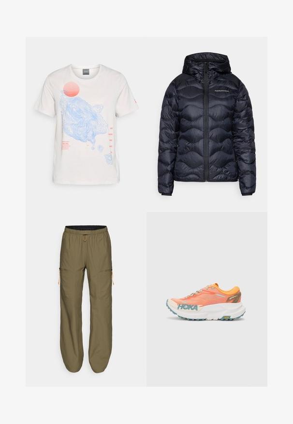 Laivaston sininen toppatakki hupulla, jossa on tikattu aaltoileva kuvio, edessä vetoketjusuljin ja logo rinnassa. Kevyt, sileä tekstuuri.; Valkoinen puuvillapaita, jossa on siniset ääriviivakuviot ja punainen auringon grafiikka, sekä punaiset tekstitykset etupuolella. Lyhyet hihat, pyöreä kaula-aukko.; Kevyt oliivinvihreä cargo-housut, joissa on joustava vyötärö ja oranssi nyöri; mukana vetoketjulliset sivutaskut ja ommellut yksityiskohdat.; Oranssi ja vaaleanpunainen juoksukenkä, jossa verkkopäällinen, valkoinen väli-osa, Vibram-pohja ja vaalean siniset yksityiskohdat. HOKA-logot löytyvät sivulta.