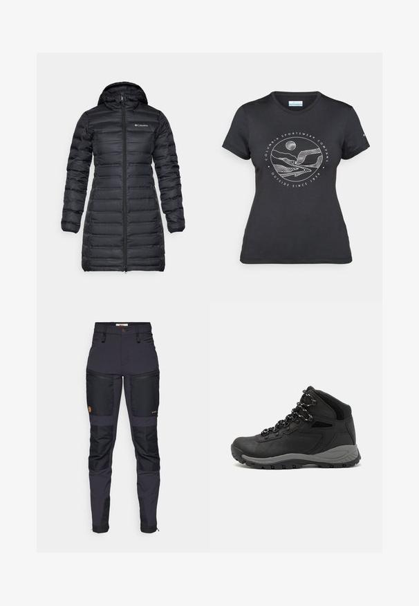 Black insulated puffer coat with a hood, long sleeves, and a front zip closure. Features quilted sections and a logo on the chest.; Black Columbia t-shirt with white circular mountain and river line art and text "Columbia Sportswear Company Outside Since 1938."; Dark gray pants with black reinforced patches. Features include zippered pockets, a fitted design, and a durable fabric texture.; Black hiking boot with a mid-top design, featuring a textured upper, gray accents, and durable rubber sole with traction lugs.
