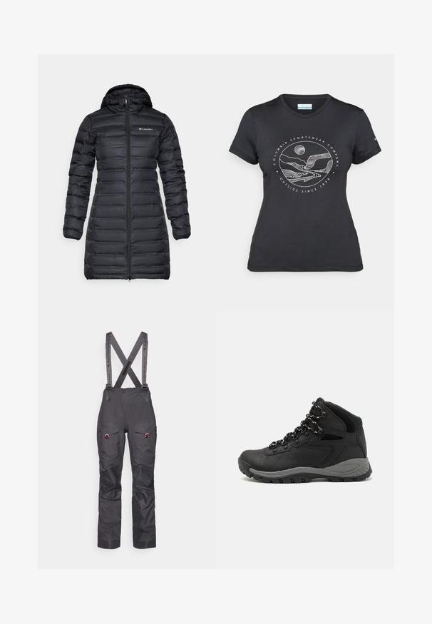 Črna izolirana puffer jakna s kapuco, dolgimi rokavi in sprednjim zadrgo. Ima kvadratne dele in logo na prsih.; Črna majica Columbia z belim krožnim risanjem gora in reke ter napisom "Columbia Sportswear Company Outside Since 1938."; Črne vodoodporne smučarske hlače z nastavljivimi naramnicami, ojačanimi koleni, več žepi in kontrastnimi sivimi trakovi. Trpežna tekstura materiala.; Črne pohodniške čevlje z srednje visokim dizajnom, ki imajo teksturirano zgornji del, sivi dodatki in vzdržljiv gumen podplat s protizdrsnimi izboklinami.
