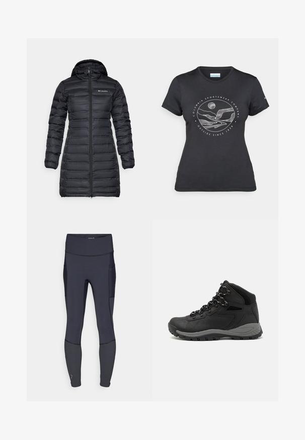 Czarna, ocieplana kurtka puchowa z kapturem, długimi rękawami i zamkiem błyskawicznym z przodu. Posiada pikowane sekcje oraz logo na klatce piersiowej.; Czarny t-shirt Columbia z białą okrągłą grafiką gór i rzeki oraz napisem "Columbia Sportswear Company Outside Since 1938."; Granatowe legginsy sportowe z elastycznego materiału, z wysokim stanem, boczną kieszenią i kontrastowymi szwami. Gładka faktura.; Czarne buty trekkingowe z średnim cholewem, z teksturowaną cholewą, szarymi akcentami oraz trwałą gumową podeszwą z wypustkami zapewniającymi przyczepność.
