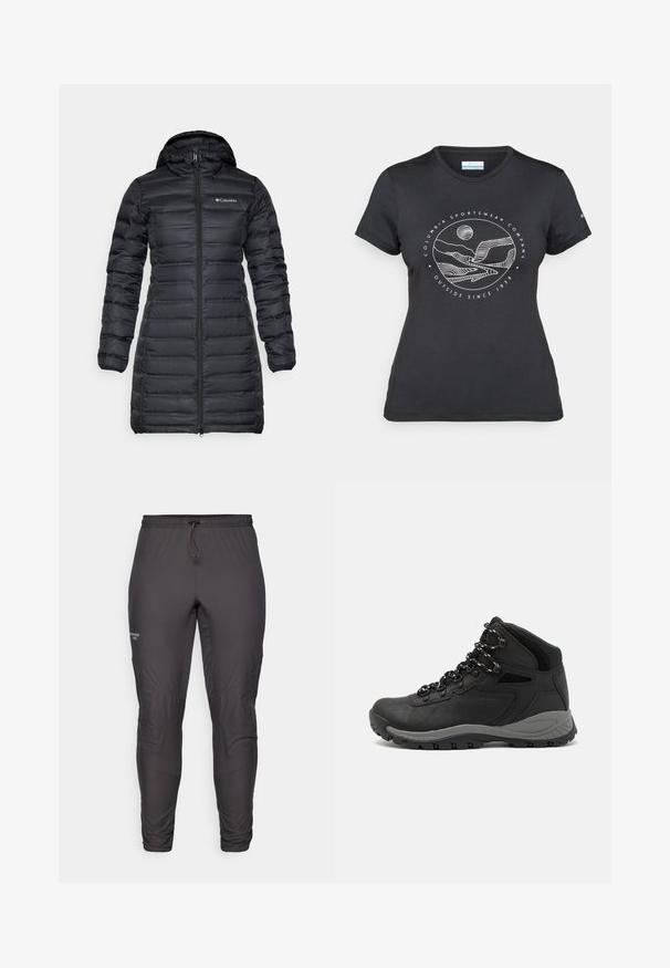 Mustnä isolatsiooniga puffermantel kapuutsiga, pikad varrukad ja esine lukuga kinnitamine. Omab tikanditega sektsioone ja logo rinnal.; Musternine Columbia T-särk mustas värvuses, millel on valge ümmargune mägi ja jõe joonistus ning tekst "Columbia Sportswear Company Outside Since 1938."; Mustad mustrikad, millel on elastne vöökoht, tõmbluku string ja põlvete paneelid paindlikkuse tagamiseks; sile tekstuur, ilma nähtavate mustrite või aksessuaarideta.; Mustarjaline matkasaabas, millel on keskmine disain, tekstuuriga ülemine osa, hallid aktsendid ja vastupidav kummist põhi, millel on haardelugesid.