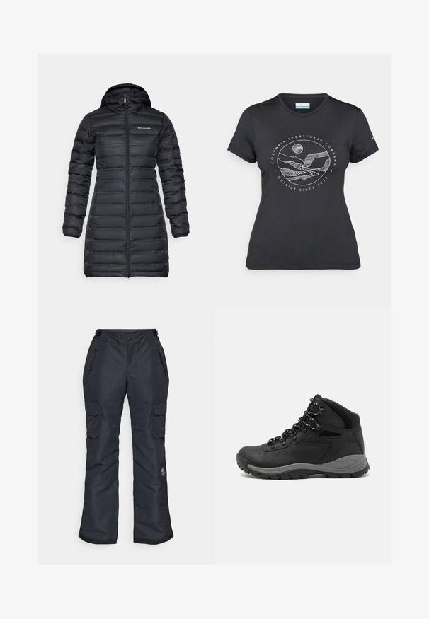 Czarna, ocieplana kurtka puchowa z kapturem, długimi rękawami i zamkiem błyskawicznym z przodu. Posiada pikowane sekcje oraz logo na klatce piersiowej.; Czarny t-shirt Columbia z białą okrągłą grafiką gór i rzeki oraz napisem "Columbia Sportswear Company Outside Since 1938."; Czarne spodnie narciarskie o luźnym kroju, z zamykanymi na zamek kieszeniami, kieszeniami typu cargo na udach oraz teksturowaną powierzchnią dla zwiększenia trwałości.; Czarne buty trekkingowe z średnim cholewem, z teksturowaną cholewą, szarymi akcentami oraz trwałą gumową podeszwą z wypustkami zapewniającymi przyczepność.