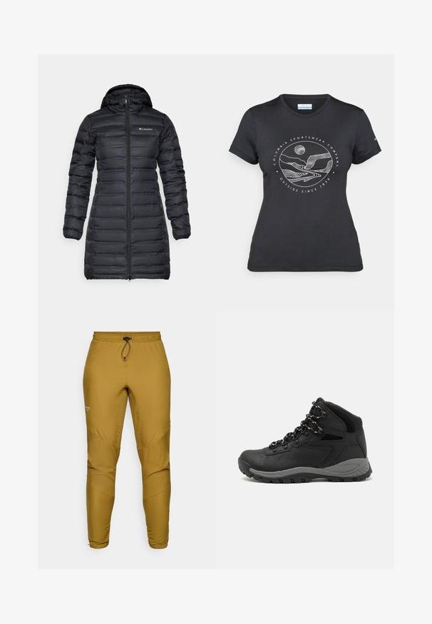 Mustnä isolatsiooniga puffermantel kapuutsiga, pikad varrukad ja esine lukuga kinnitamine. Omab tikanditega sektsioone ja logo rinnal.; Musternine Columbia T-särk mustas värvuses, millel on valge ümmargune mägi ja jõe joonistus ning tekst "Columbia Sportswear Company Outside Since 1938."; Kerged, sinepukarva püksid sünteetilisest kangast, millel on elastne vöökoht ja pael, ning kitsenevad jalad paneelide detailidega.; Mustarjaline matkasaabas, millel on keskmine disain, tekstuuriga ülemine osa, hallid aktsendid ja vastupidav kummist põhi, millel on haardelugesid.