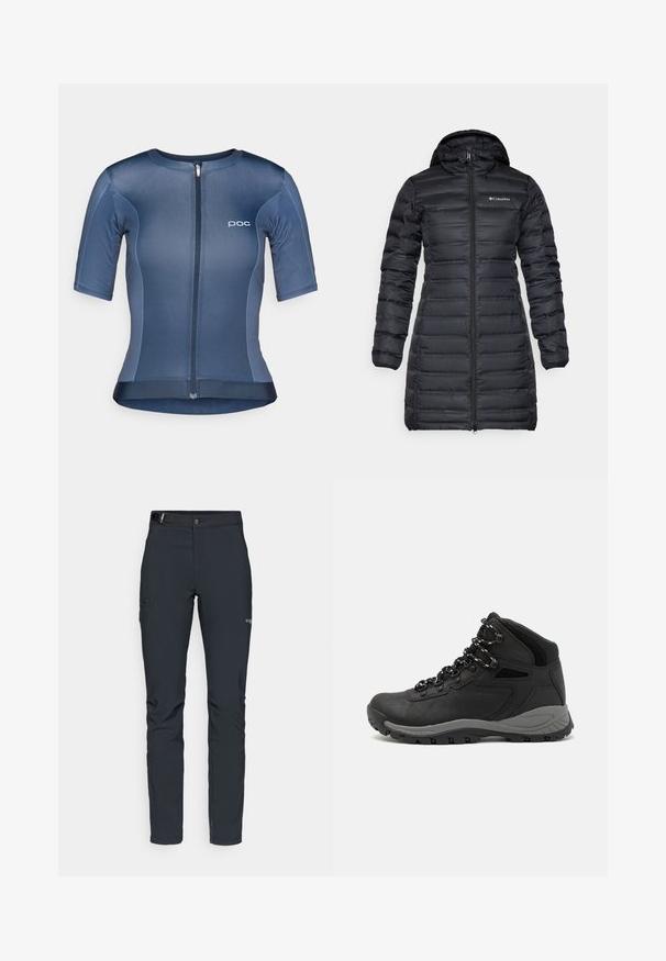 Fekete szigetelt pehelykabát kapucnival, hosszú ujjakkal és elülső cipzárral. Tűzött részekkel és mellkasi logóval rendelkezik.; Rövid ujjú kerékpáros mez sima, rugalmas kék anyagból, elöl cipzárral, POC logóval és enyhén ívelt aljjal rendelkezik.; Férfi kültéri nadrág, sötétszürke, rugalmas anyagból készült, övvel, cipzáros zsebekkel és megerősített varratokkal.; Fekete túracipő közepes magasságú kialakítással, texturált felsőrésszel, szürke részletekkel és strapabíró gumitalppal, amelynek tapadós kiemelkedései vannak.